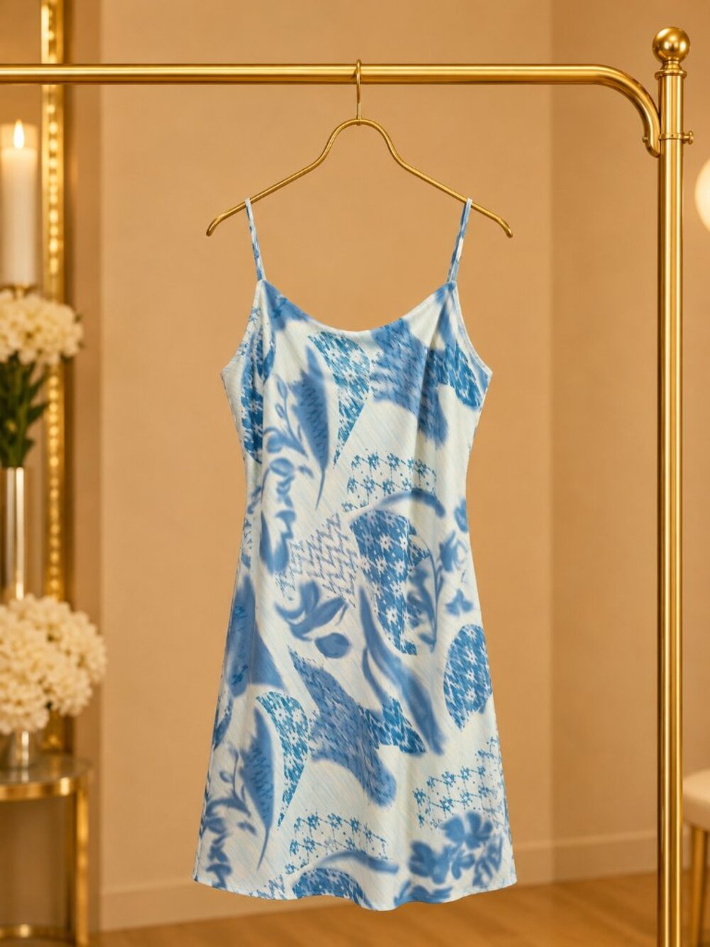 Natori Y2K Ethereal Romantic Blue Printed Chemise Slip Dress S Adjustable Straps